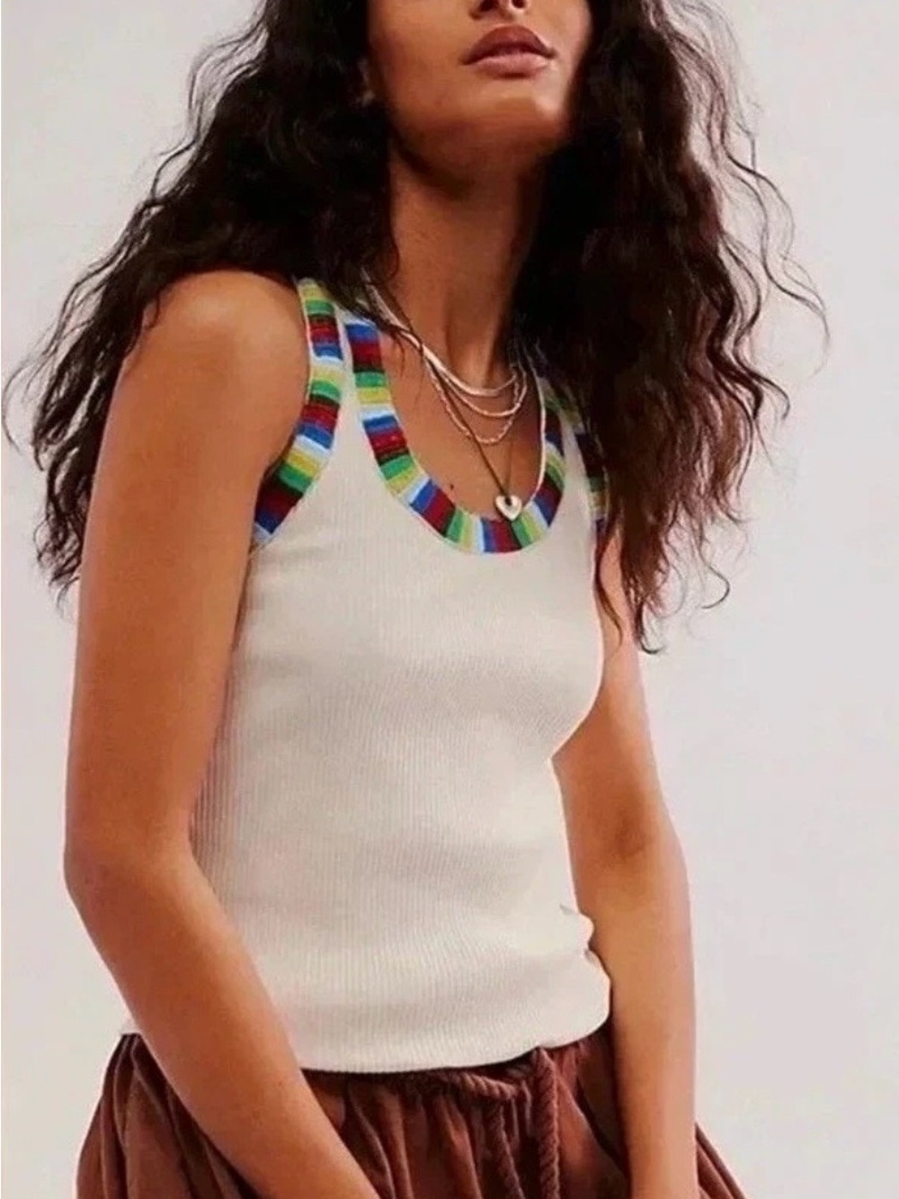 We The Free Cream Ribbed Tank with Rainbow-Striped Embroidered Trim, Size Large